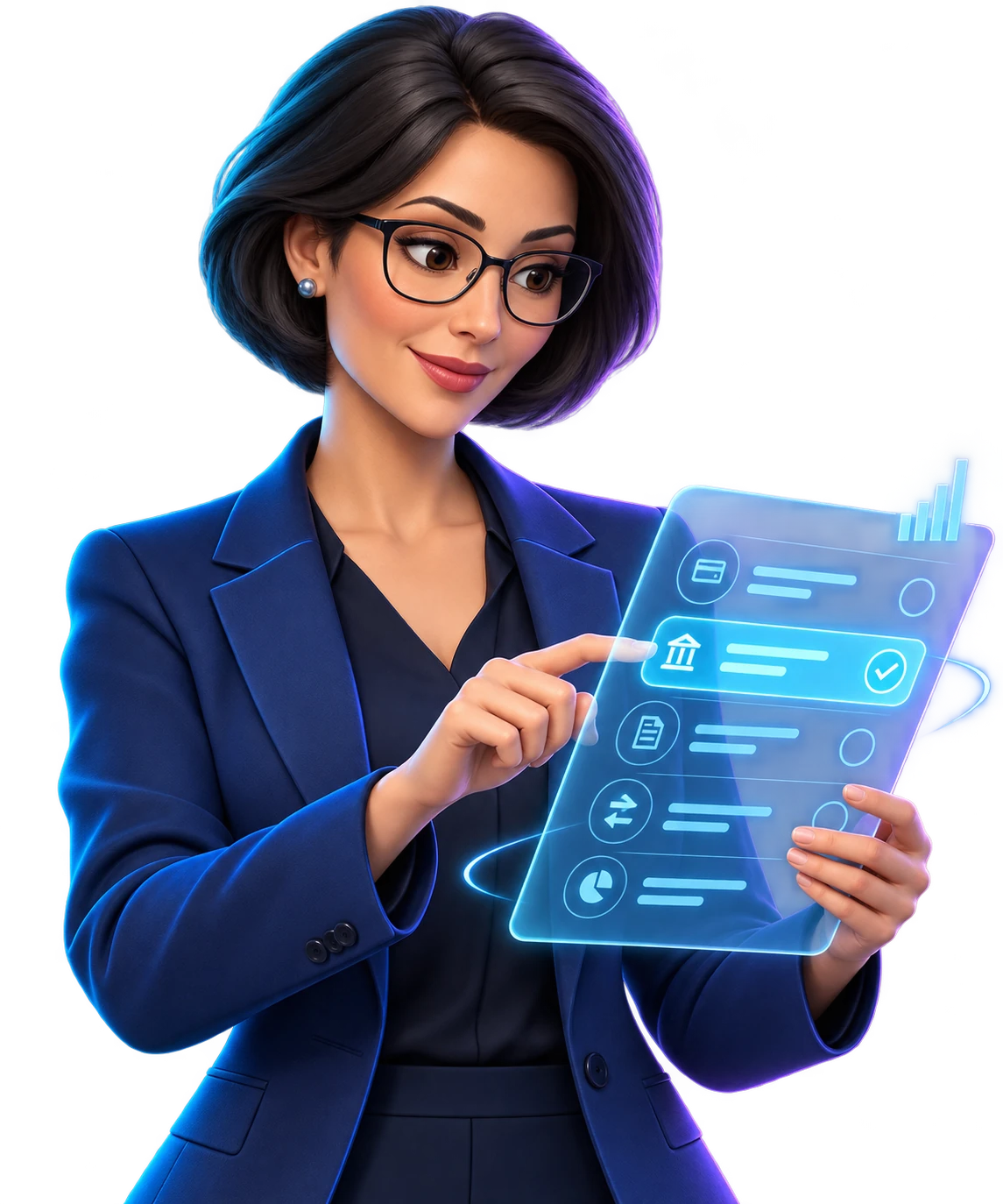 Avatar do agente financeiro com ferramentas digitais relacionadas à função.