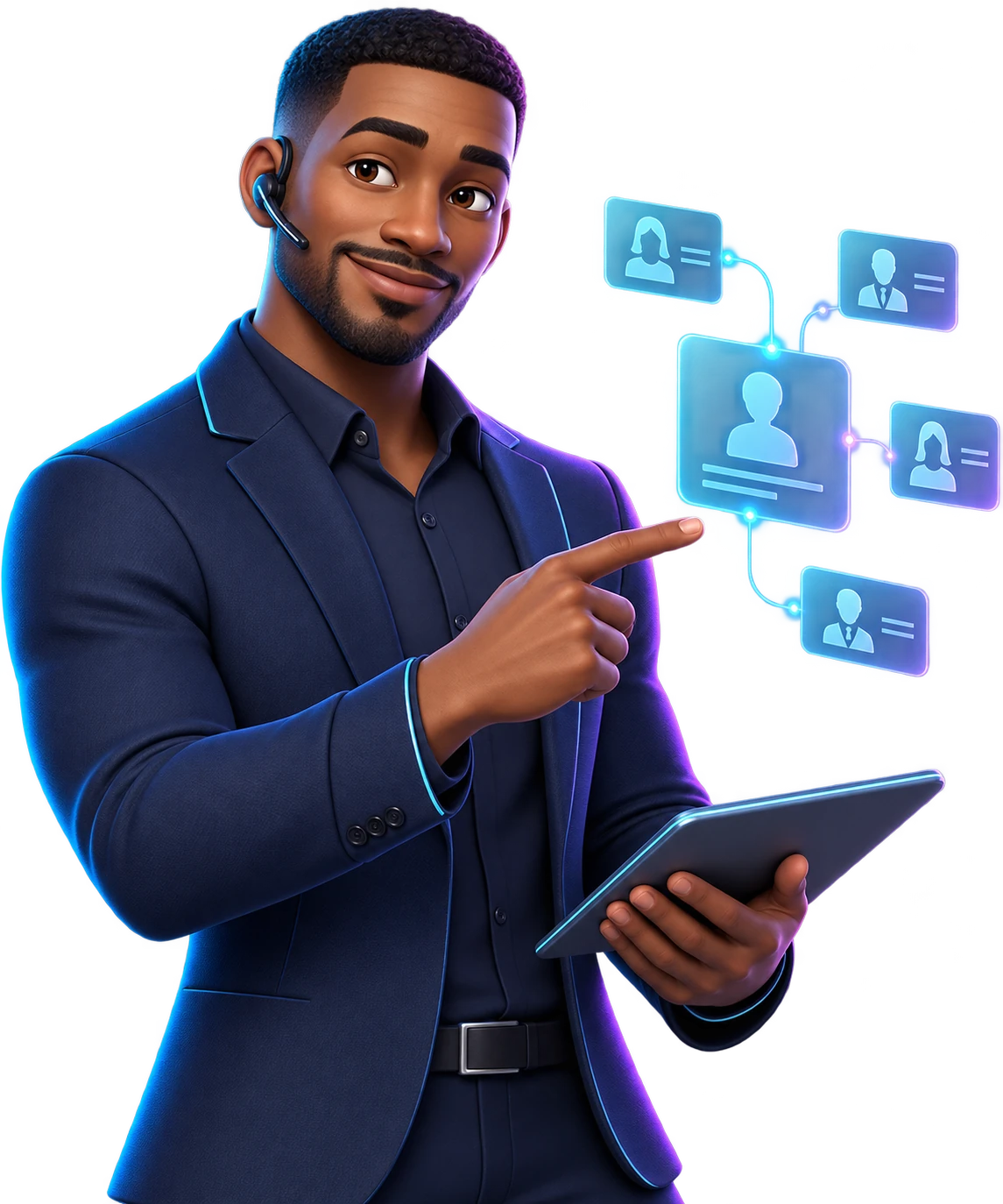 Avatar de agente comercial com ferramentas digitais de atendimento.
