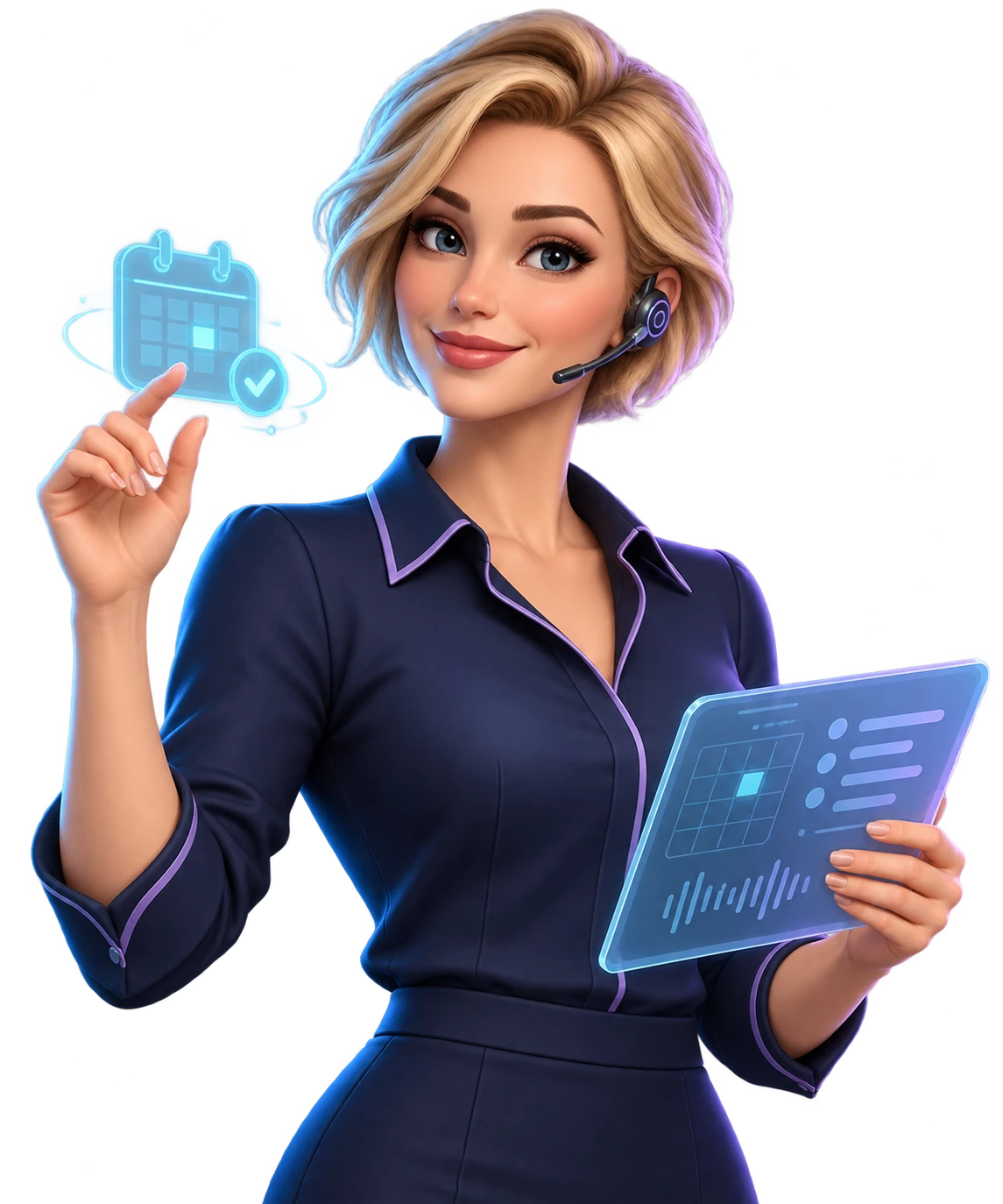 Avatar do assistente pessoal com ferramentas digitais relacionadas à função.