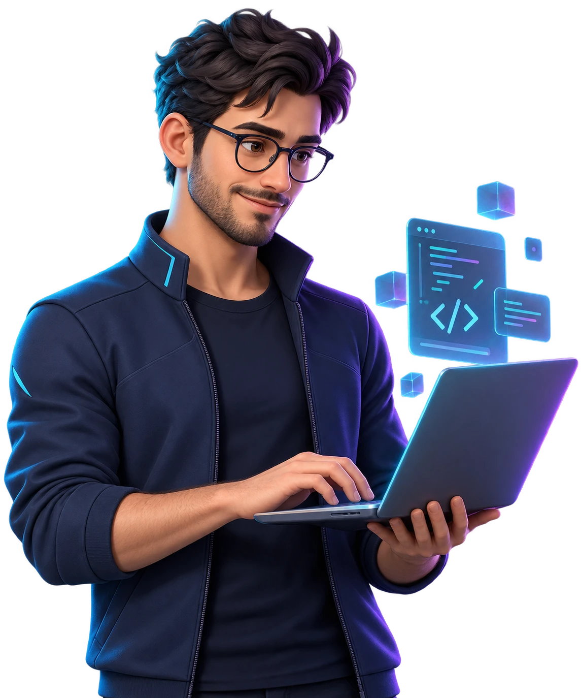 Avatar de agente programador trabalhando com código e interfaces digitais.