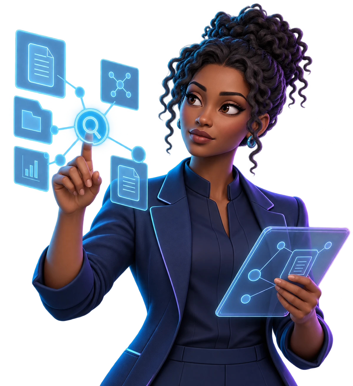 Avatar da agente pesquisadora com ferramentas digitais relacionadas à função.