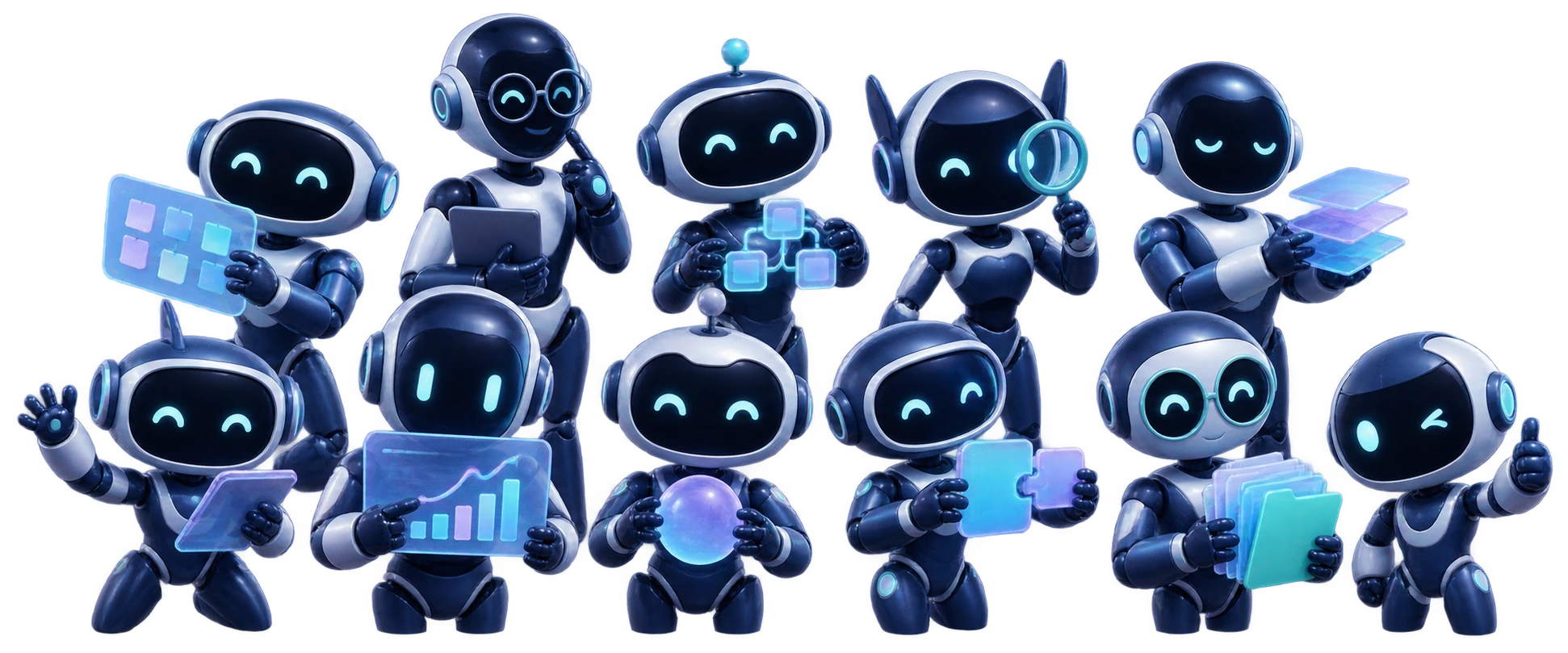 Uma equipe de pequenos robôs digitais trabalhando em conjunto, representando os agentes de IA da Spandia.