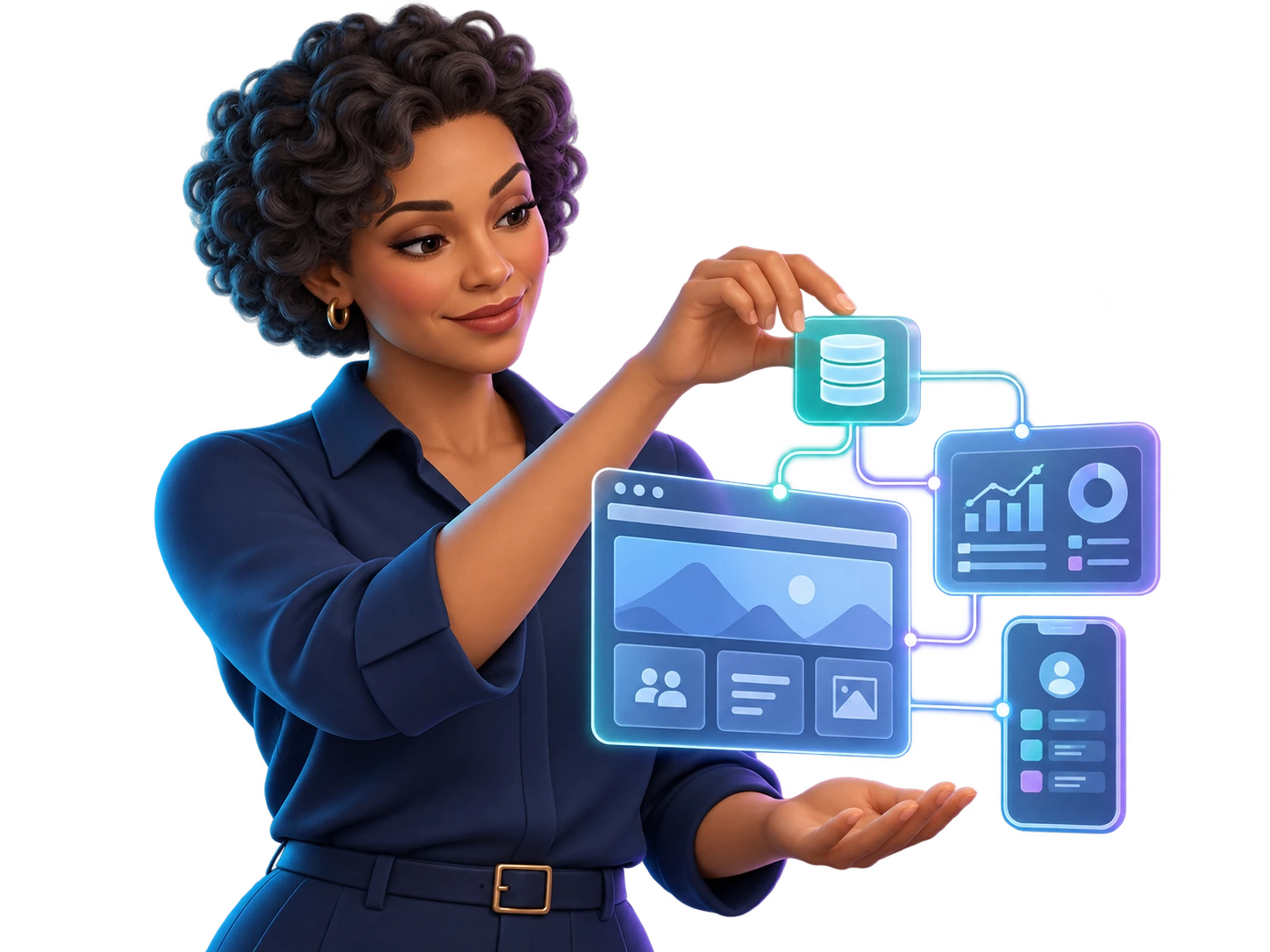 Arquiteta de produto organizando módulos digitais que compõem uma solução conectada.
