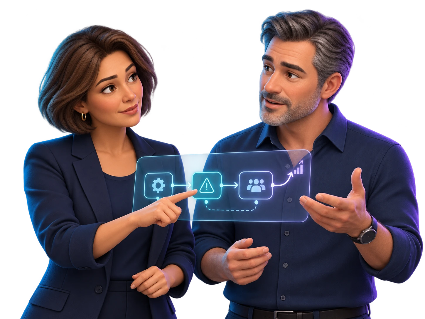 Especialistas e cliente investigando juntos um mapa digital da operação.