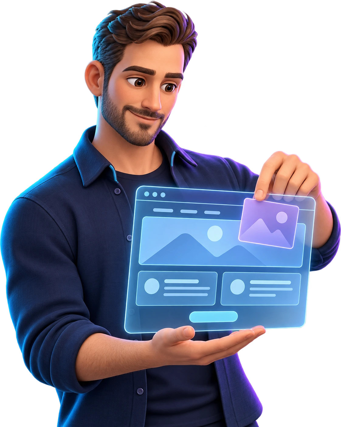Avatar de profissional de design com elementos de um site, representando uma solução Spandia Build.
